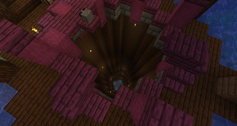 A deep hole leading to a cave with water at the bottom