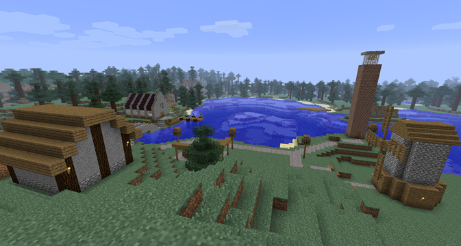 A Minecraft Town by a Lake