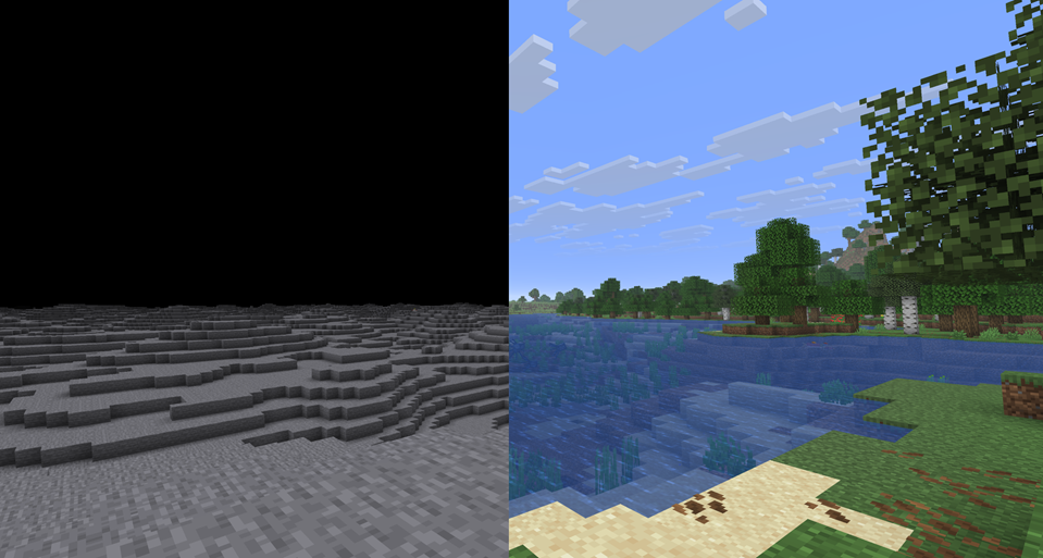 A side-by-side of the moon and the normal overworld
