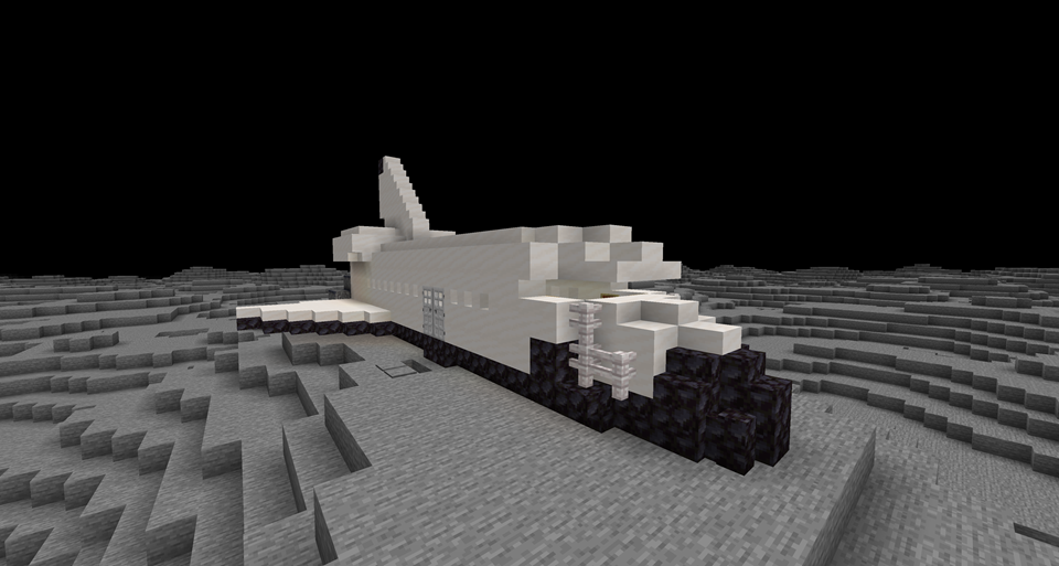 A space shuttle lying sideways, landed on the moon